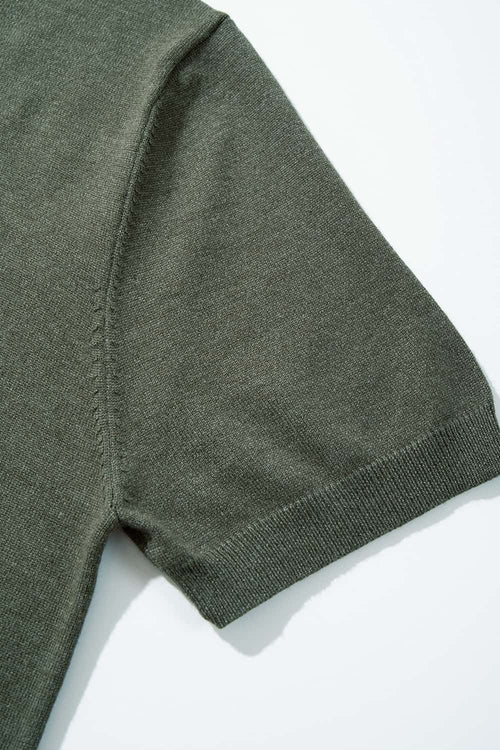 Short-Sleeve Knit Top with Dropped Shoulders in Military Green - product detail close-up