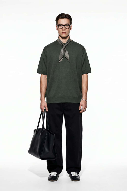 Short-Sleeve Knit Top with Dropped Shoulders in Military Green - full-length front modeled view