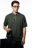 Short-Sleeve Knit Top with Dropped Shoulders in Military Green - three-quarter front modeled view