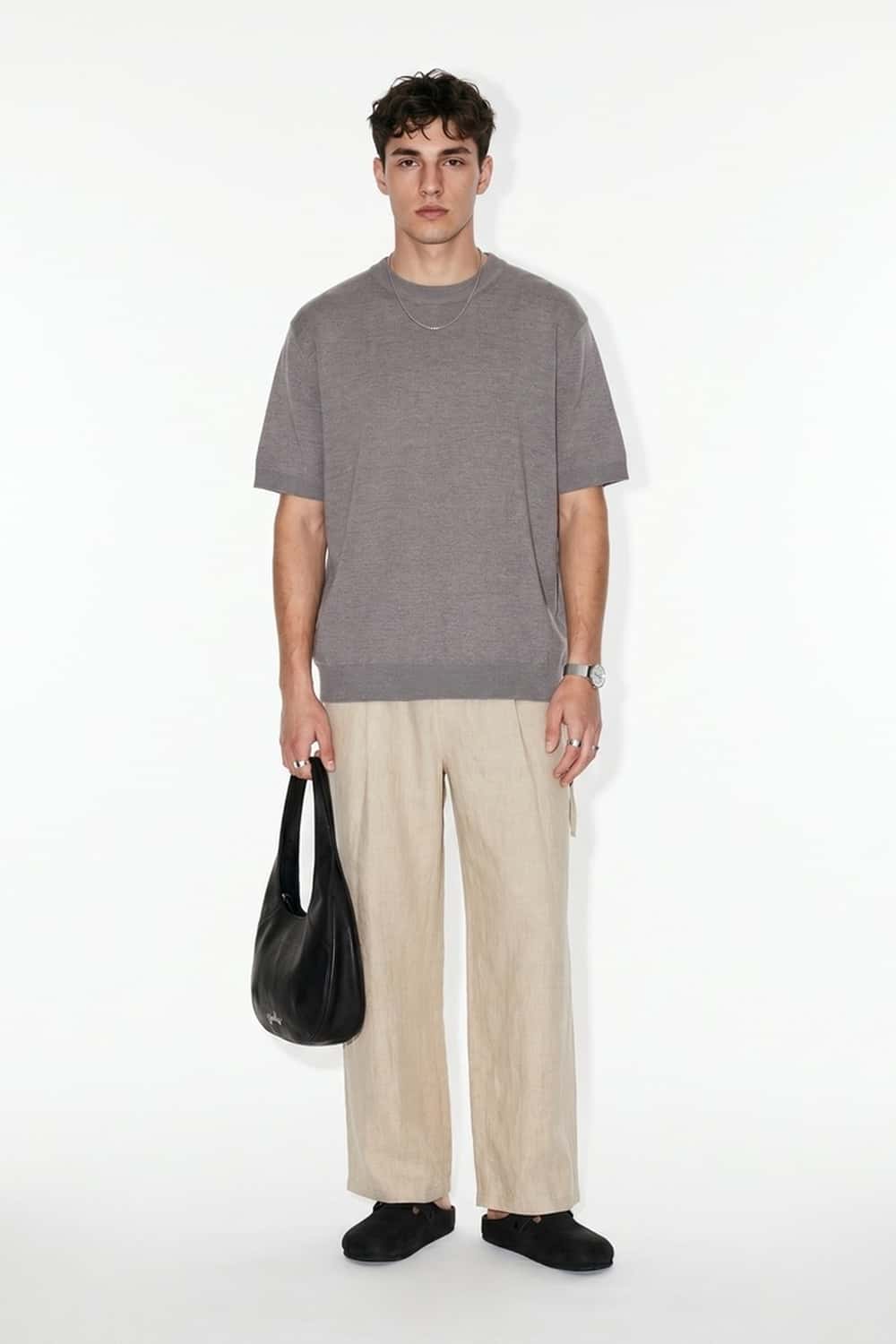 Short-Sleeve Knit Top with Dropped Shoulders in Smoke Gray - full-length front modeled view