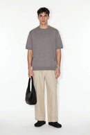 Short-Sleeve Knit Top with Dropped Shoulders in Smoke Gray - full-length front modeled view