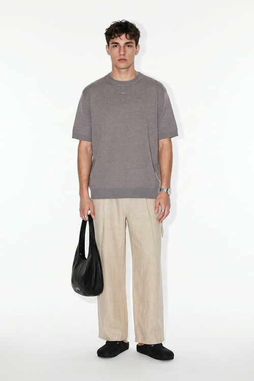 Short-Sleeve Knit Top with Dropped Shoulders in Smoke Gray - full-length front modeled view