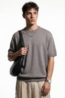 Short-Sleeve Knit Top with Dropped Shoulders in Smoke Gray - three-quarter front modeled view
