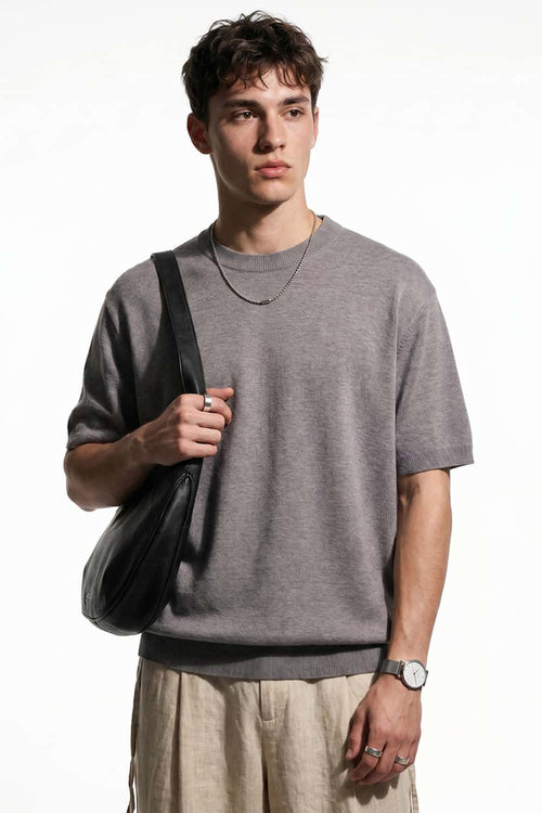 Short-Sleeve Knit Top with Dropped Shoulders in Smoke Gray - three-quarter front modeled view