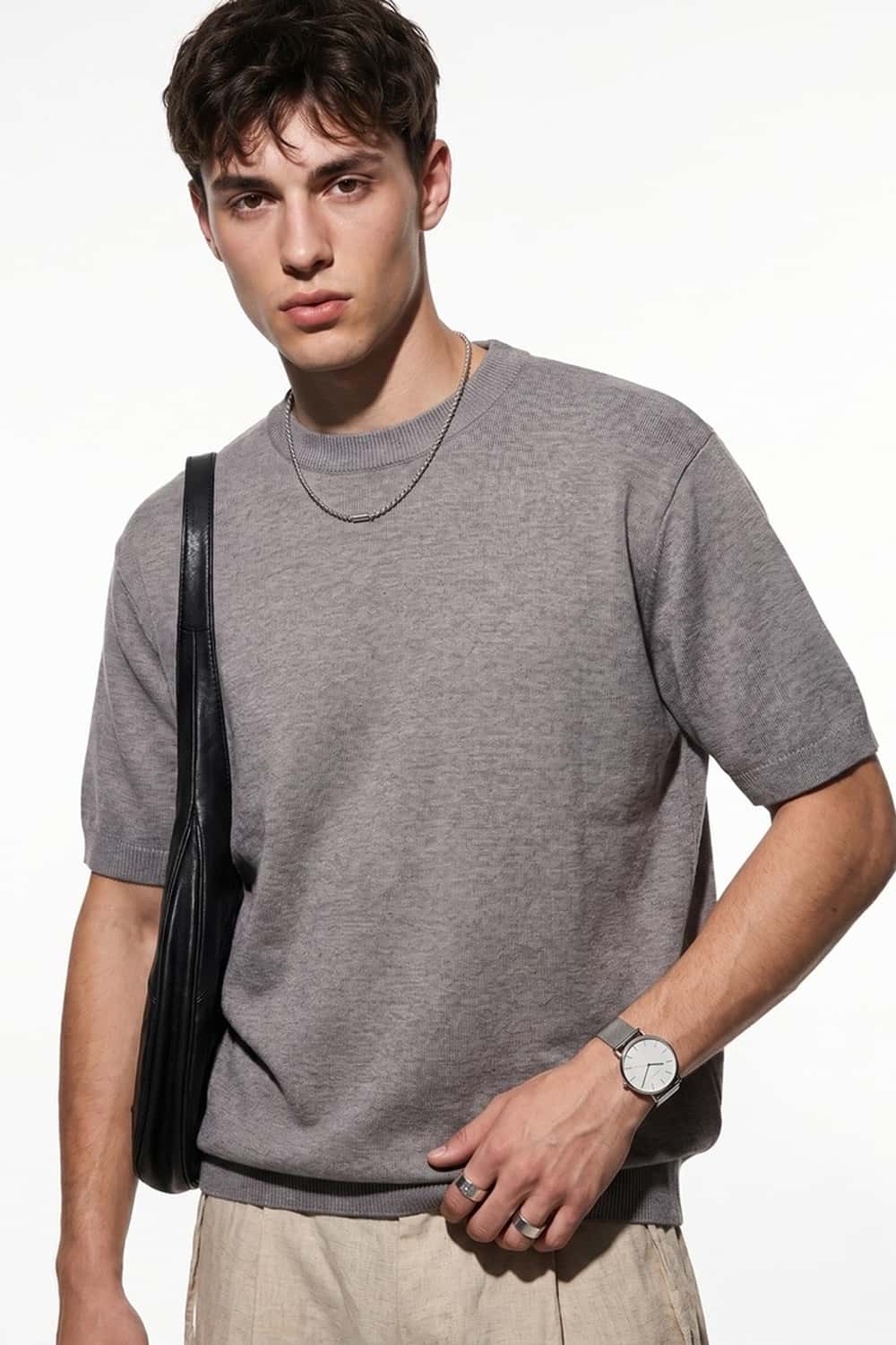 Short-Sleeve Knit Top with Dropped Shoulders in Smoke Gray - front modeled close-up