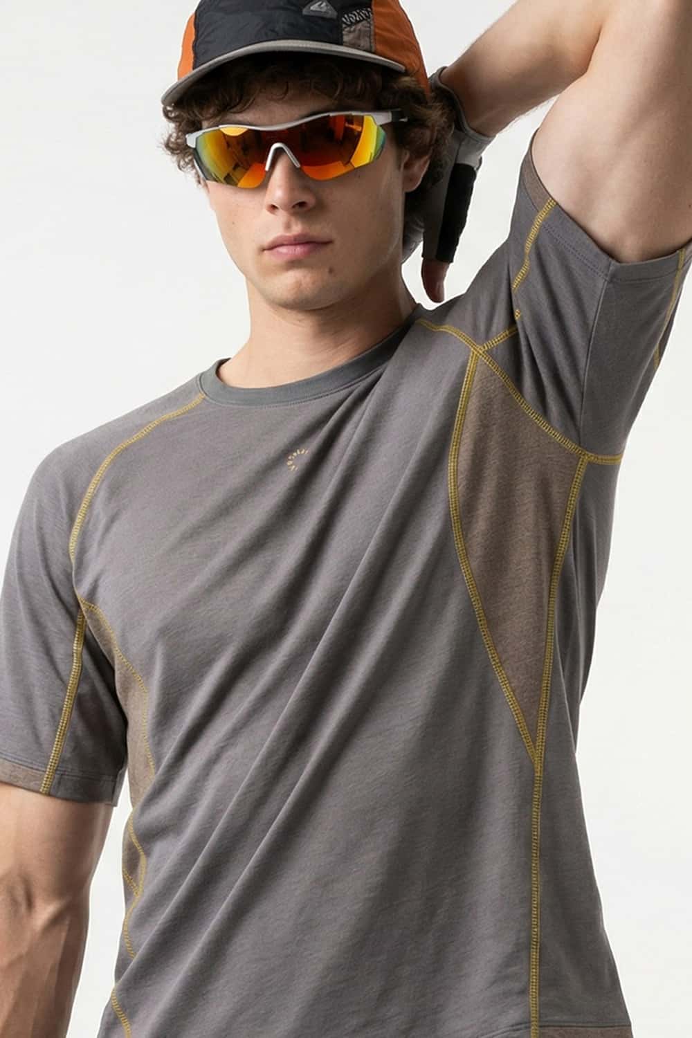Sun-Protective Graphic T-Shirt with Raglan Sleeves in Cement Ash - front modeled close-up
