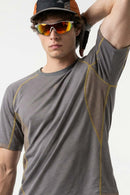 Sun-Protective Graphic T-Shirt with Raglan Sleeves in Cement Ash - front modeled close-up