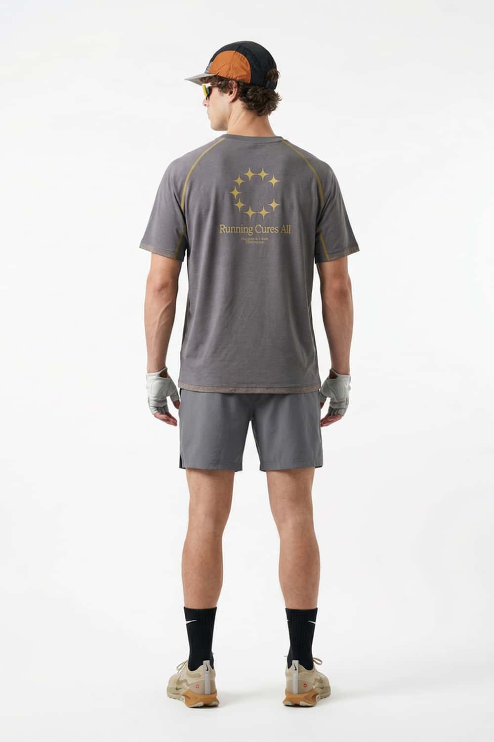 Sun-Protective Graphic T-Shirt with Raglan Sleeves in Cement Ash - full-length back modeled view