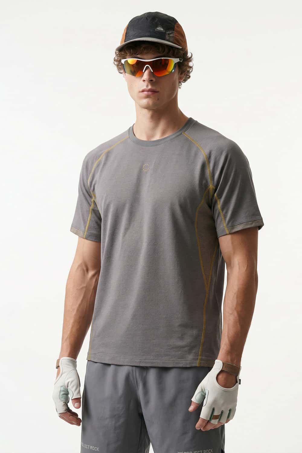 Sun-Protective Graphic T-Shirt with Raglan Sleeves in Cement Ash - front modeled close-up