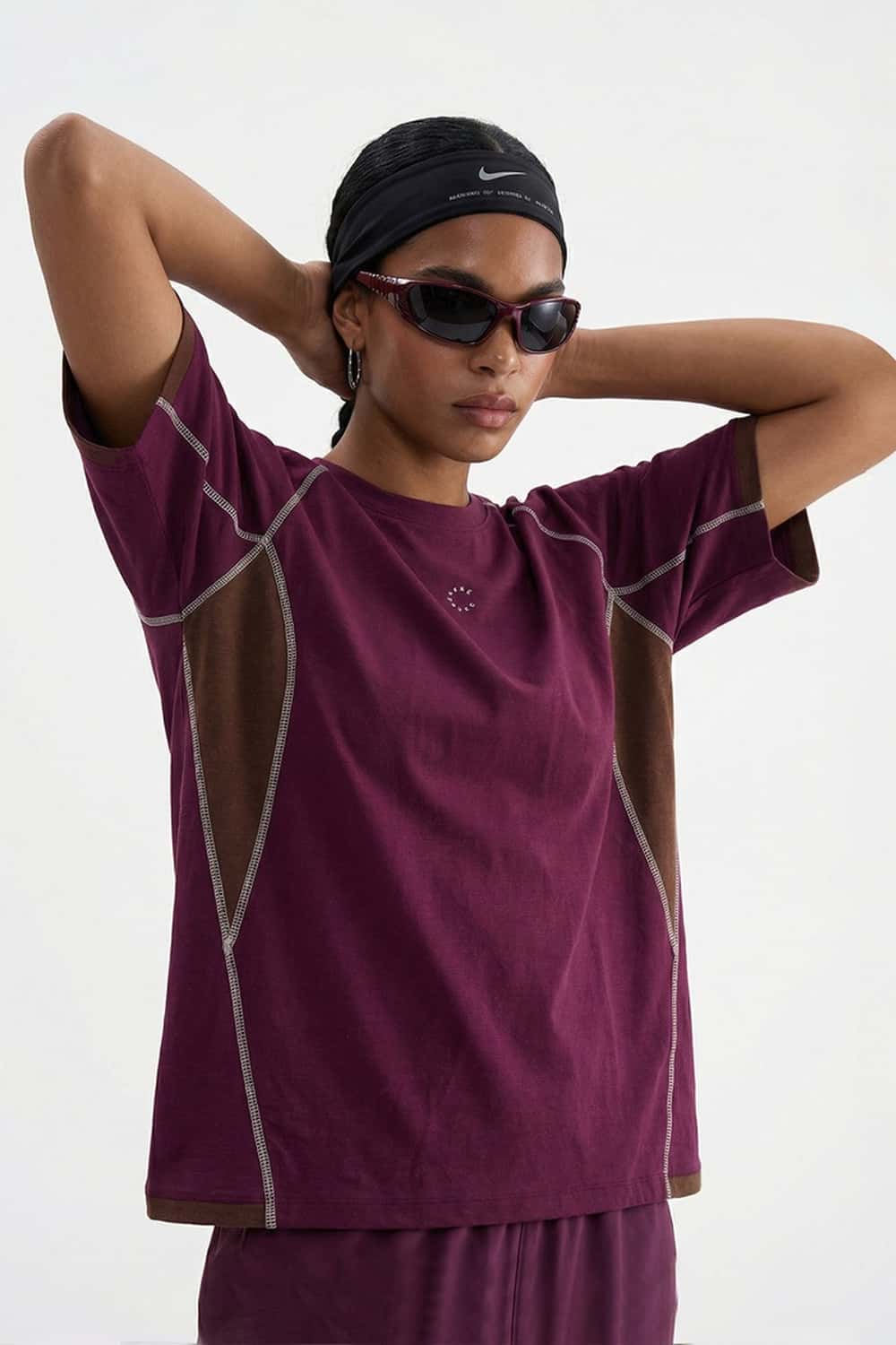 Sun-Protective Graphic T-Shirt with Raglan Sleeves in Dark Purple - front modeled close-up