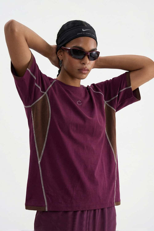 Sun-Protective Graphic T-Shirt with Raglan Sleeves in Dark Purple - front modeled close-up