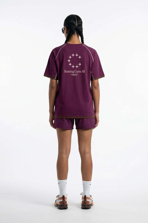 Sun-Protective Graphic T-Shirt with Raglan Sleeves in Dark Purple - full-length back modeled view