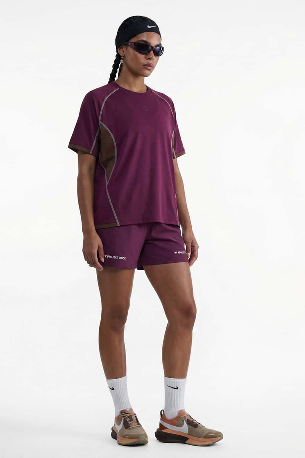 Sun-Protective Graphic T-Shirt with Raglan Sleeves in Dark Purple - full-length front modeled view