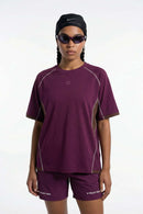 Sun-Protective Graphic T-Shirt with Raglan Sleeves in Dark Purple - front modeled close-up
