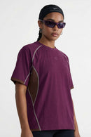 Sun-Protective Graphic T-Shirt with Raglan Sleeves in Dark Purple - side modeled view