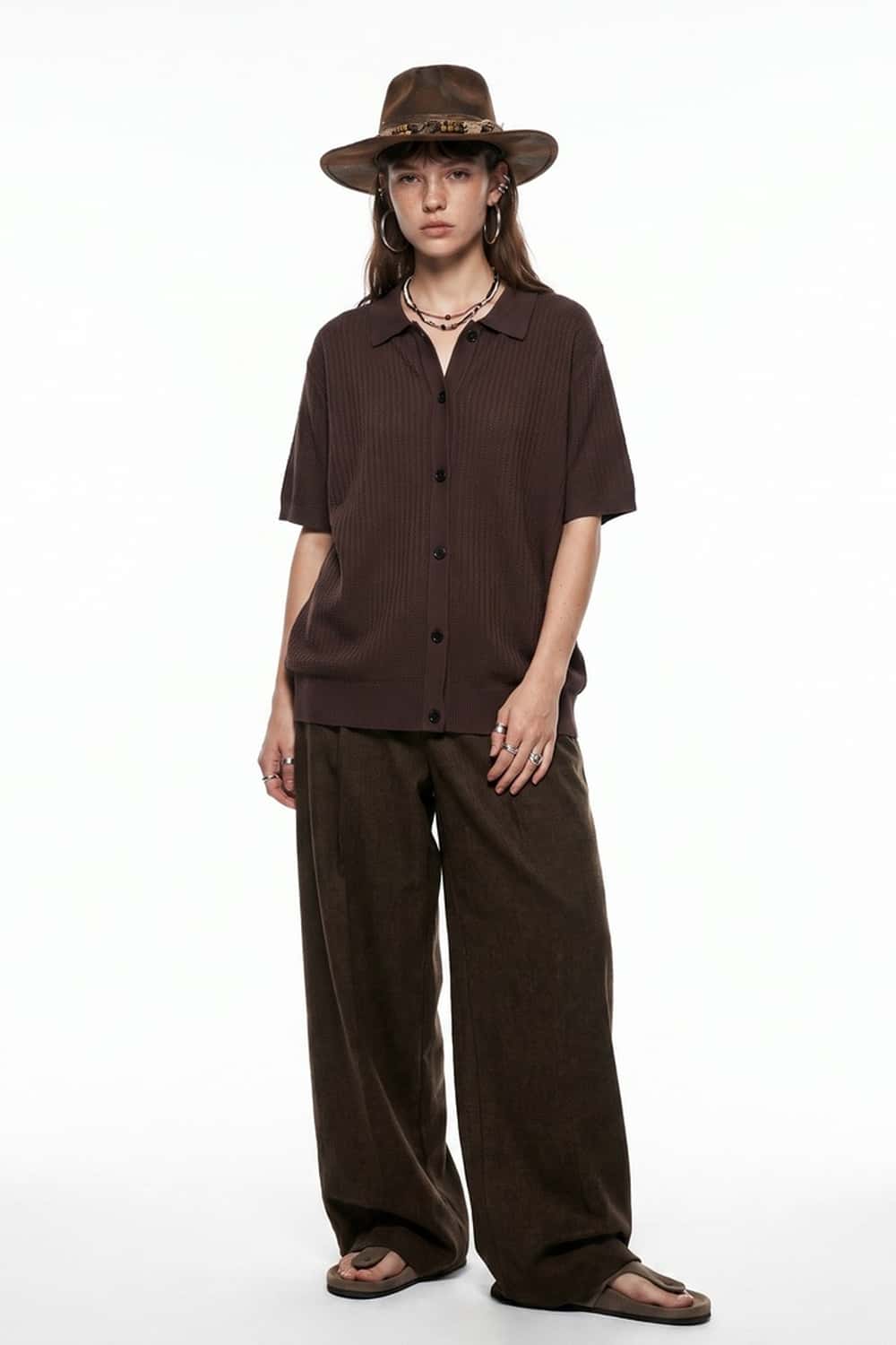 Textured Short-Sleeve Knit Shirt in Khaki - full-length front modeled view