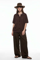 Textured Short-Sleeve Knit Shirt in Khaki - full-length front modeled view