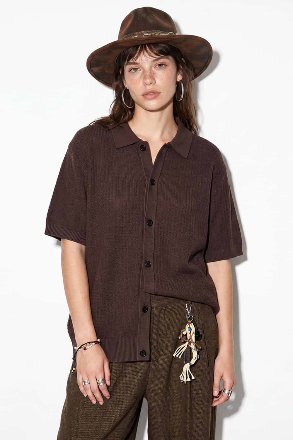 Textured Short-Sleeve Knit Shirt in Khaki - full-length front modeled view