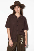 Textured Short-Sleeve Knit Shirt in Khaki - full-length front modeled view