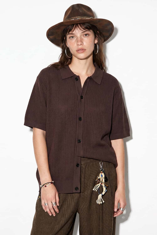 Textured Short-Sleeve Knit Shirt in Khaki - full-length front modeled view