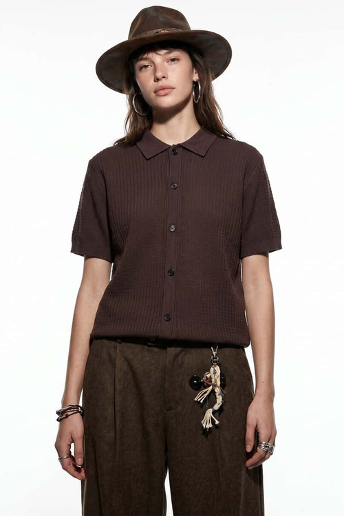 Textured Short-Sleeve Knit Shirt in Khaki - three-quarter front modeled view