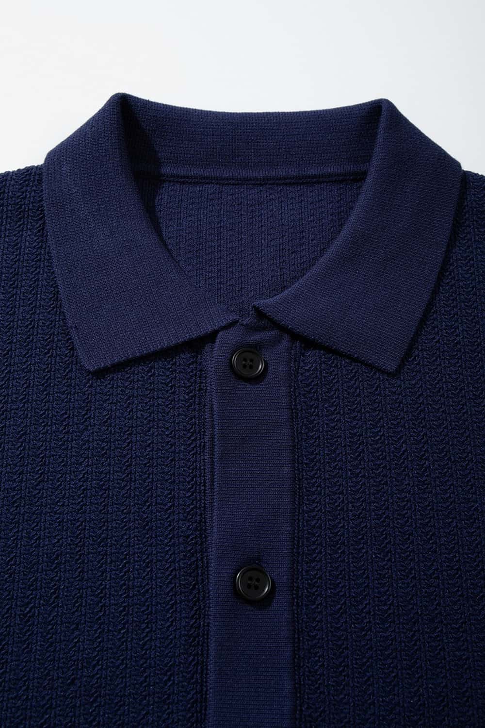 Textured Short-Sleeve Knit Shirt in Navy Blue - collar and placket close-up