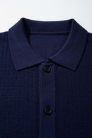 Textured Short-Sleeve Knit Shirt in Navy Blue - collar and placket close-up