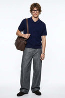 Textured Short-Sleeve Knit Shirt in Navy Blue - full-length front modeled view
