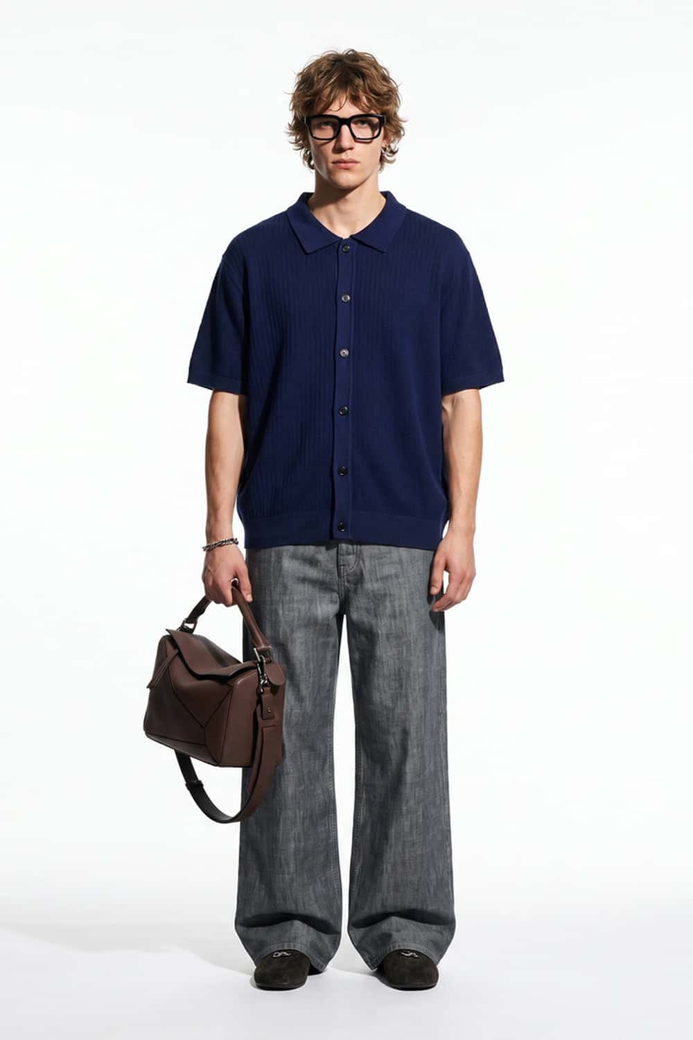 Textured Short-Sleeve Knit Shirt in Navy Blue - full-length front modeled view
