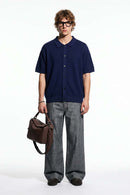 Textured Short-Sleeve Knit Shirt in Navy Blue - full-length front modeled view