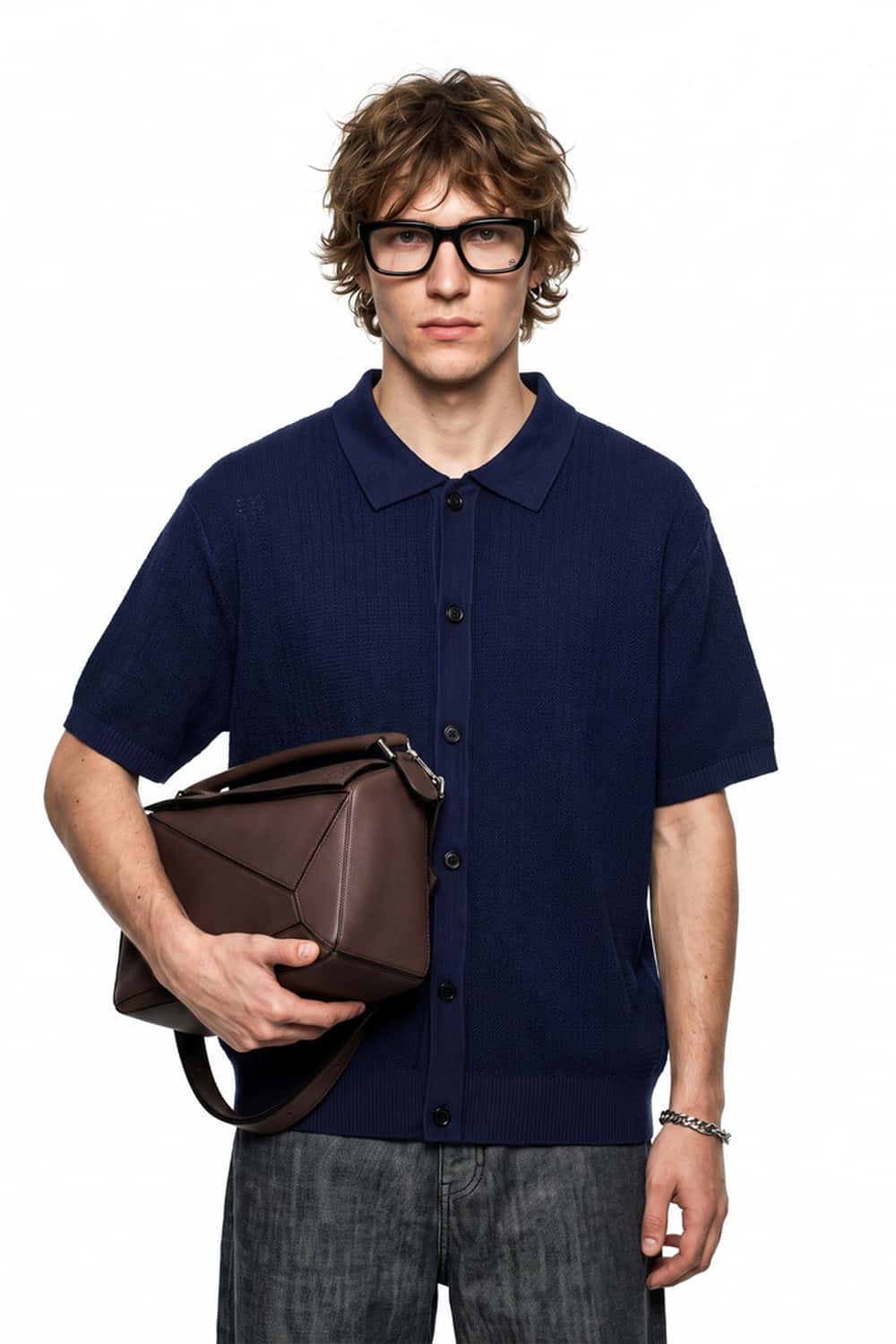 Textured Short-Sleeve Knit Shirt in Navy Blue - full-length front modeled view
