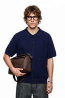 Textured Short-Sleeve Knit Shirt in Navy Blue - full-length front modeled view