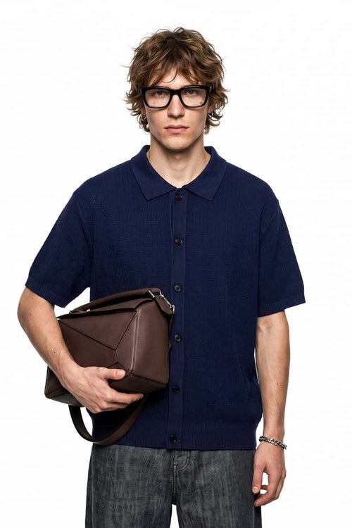 Textured Short-Sleeve Knit Shirt in Navy Blue - full-length front modeled view