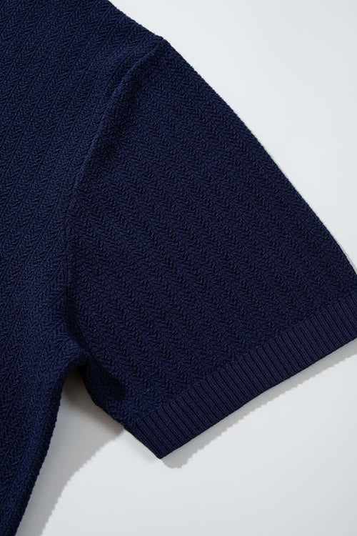 Textured Short-Sleeve Knit Shirt in Navy Blue - cuff detail