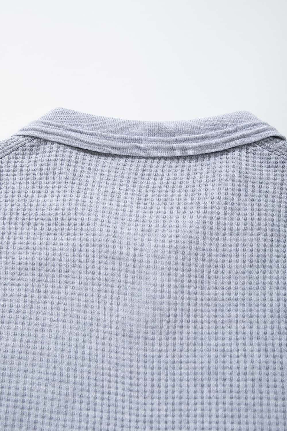 Open-Neck Textured Knit Polo in Gray - back collar detail