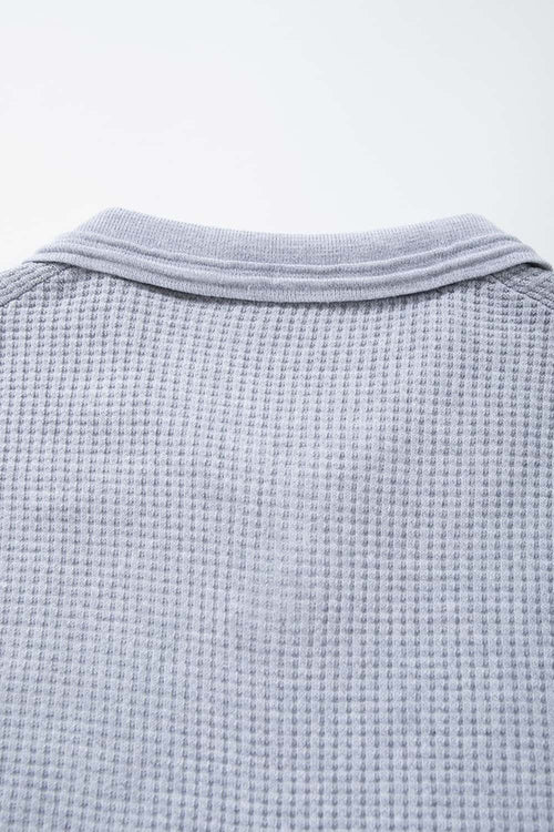 Open-Neck Textured Knit Polo in Gray - back collar detail