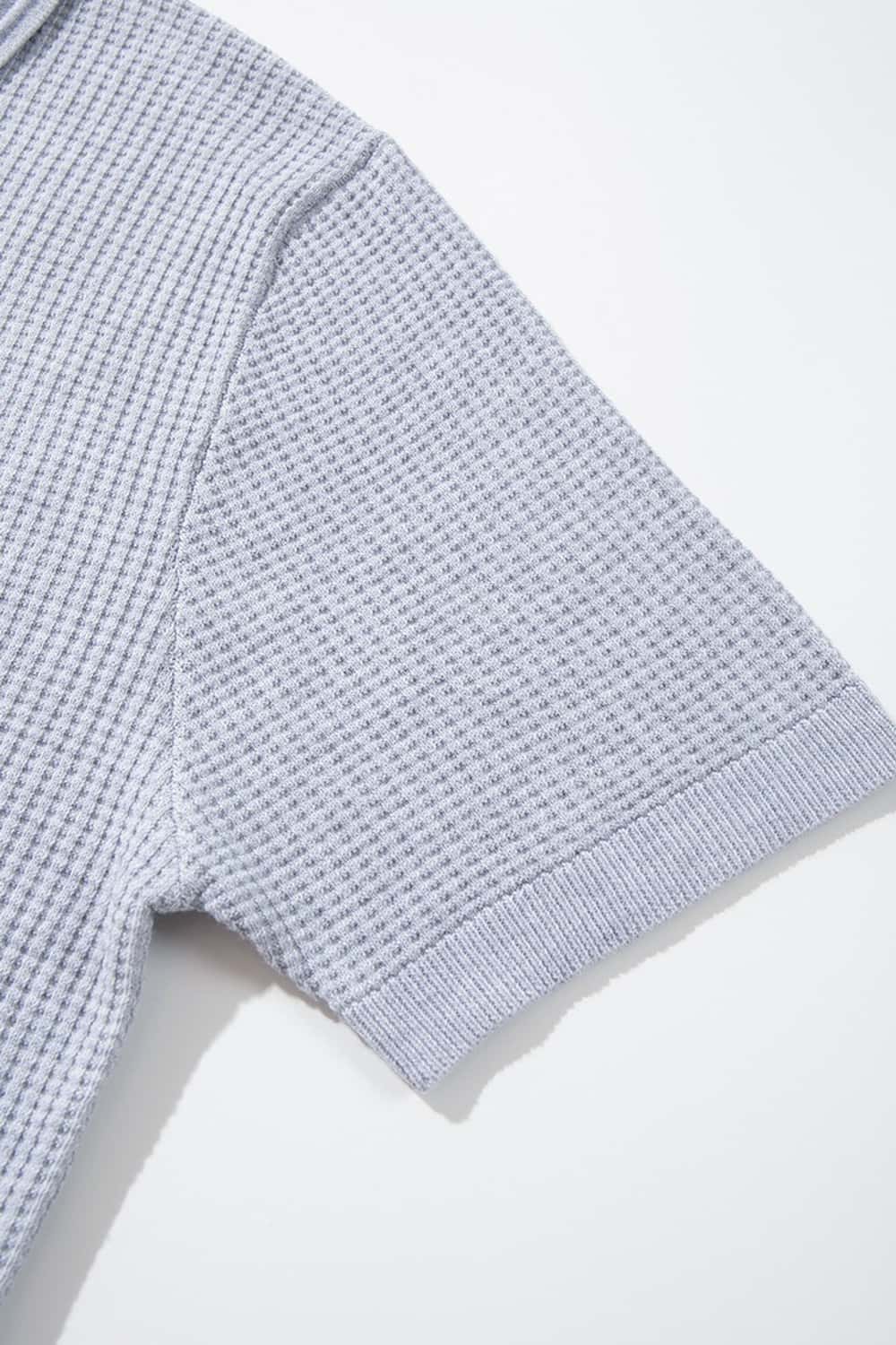 Open-Neck Textured Knit Polo in Gray - cuff detail