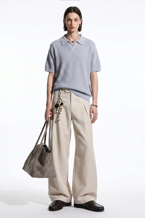 Open-Neck Textured Knit Polo in Gray - full-length front modeled view