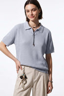 Open-Neck Textured Knit Polo in Gray - front modeled close-up