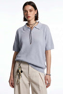 Open-Neck Textured Knit Polo in Gray - front modeled close-up