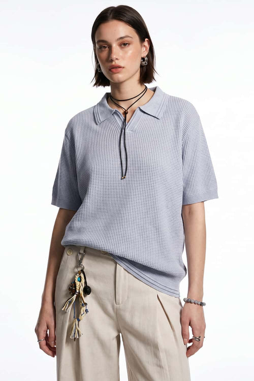Open-Neck Textured Knit Polo in Gray - front modeled close-up