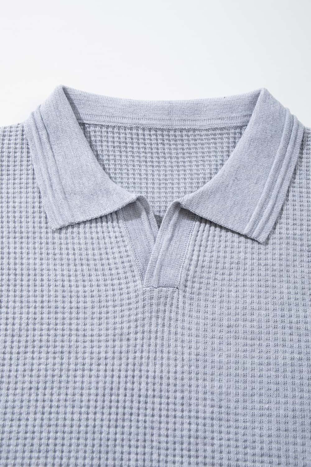Open-Neck Textured Knit Polo in Gray - collar detail