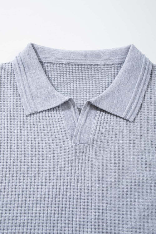 Open-Neck Textured Knit Polo in Gray - collar detail