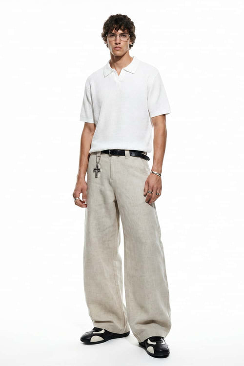 Open-Neck Textured Knit Polo in White - full-length front modeled view