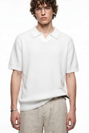 Open-Neck Textured Knit Polo in White - front modeled close-up