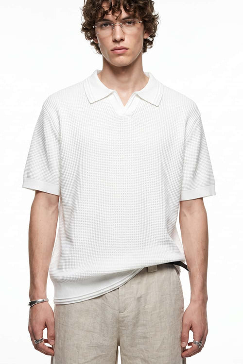 Open-Neck Textured Knit Polo in White - front modeled close-up