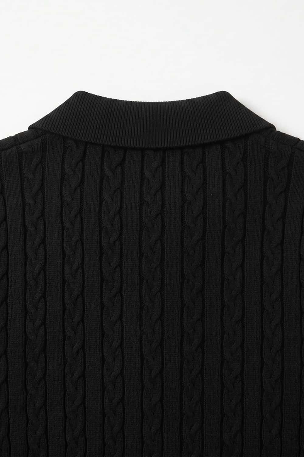 Cable-Knit Short-Sleeve Polo in Black - product detail close-up