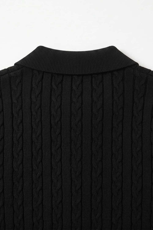 Cable-Knit Short-Sleeve Polo in Black - product detail close-up