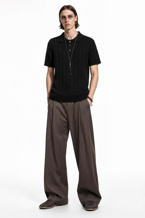 Cable-Knit Short-Sleeve Polo in Black - full-length front modeled view