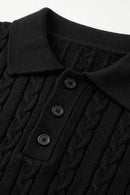 Cable-Knit Short-Sleeve Polo in Black - collar and placket close-up